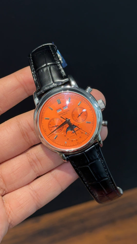 Patek Century | Auto | Silver Case | Orange Dial | Black Leather Strap - twentyfour
