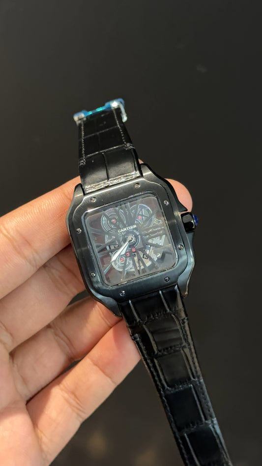 Cartier | Skeleton | Black Case | Black Leather Strap | Black  Dial