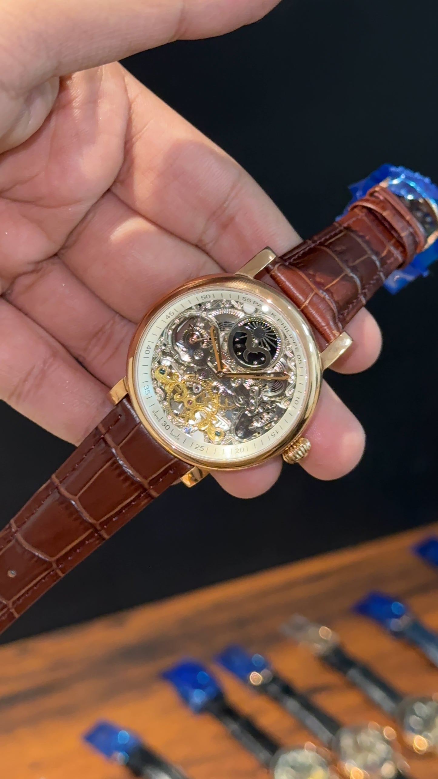 Patek Rose | Moonphase | Pendulum | Brown Leather Strap | Grey Machine Dial