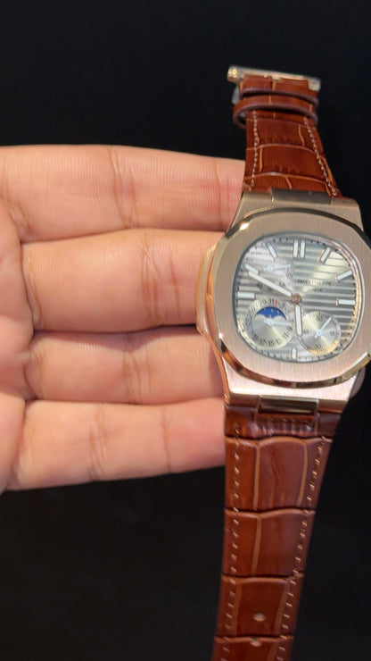 Pp Auto | Rose Case | Brown Strap | Moonphase | Sub Grey Dial