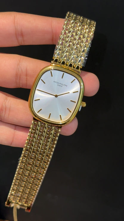 Pp Ellipse | Gold Mesh Chain | White Ebony Dial