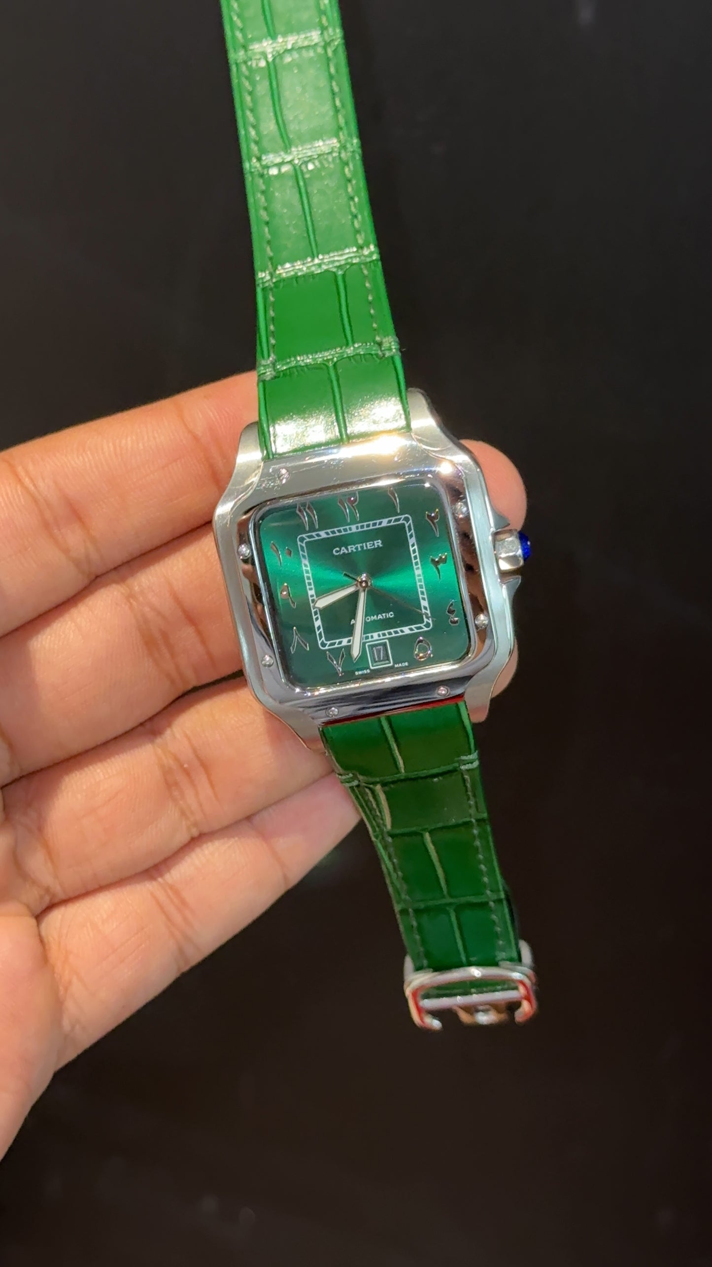 Cartier Santos | Silver Case | Green Strap | Lightish Green Arabic Dial - twentyfour