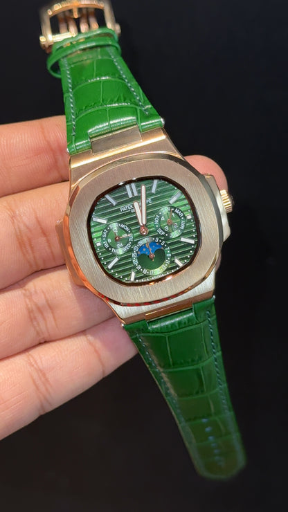 Pp Auto | Moonphase | Chrono | Rose Case | Green Leather Strap | Green Dial