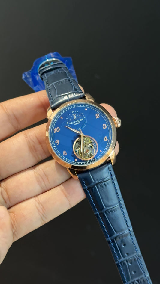 PP Auto | Rose | Pendulum | Moonphase | Blue Leather Strap | Blue Textured Dial