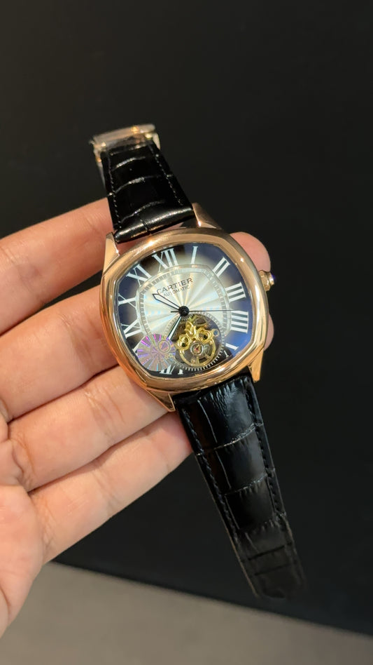 Cartier | Rose Square Bezel | Pendulum | Black Strap | Shady White Index Dial