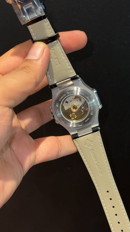 Pp Auto | Moonphase | Chrono | Silver Case | Black Leather Strap | Tiffany Dial