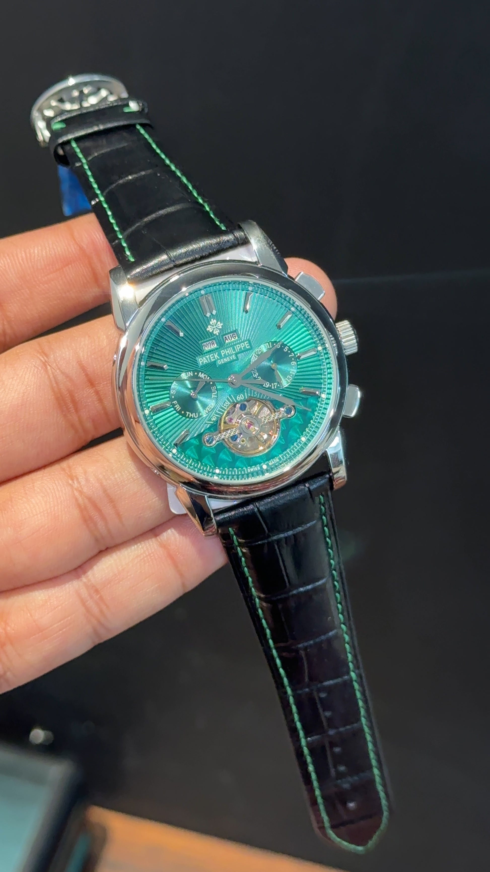 Patek Century | Auto | Pendulum | Silver Case | Green Lines Dial | Black Leather Strap - twentyfour