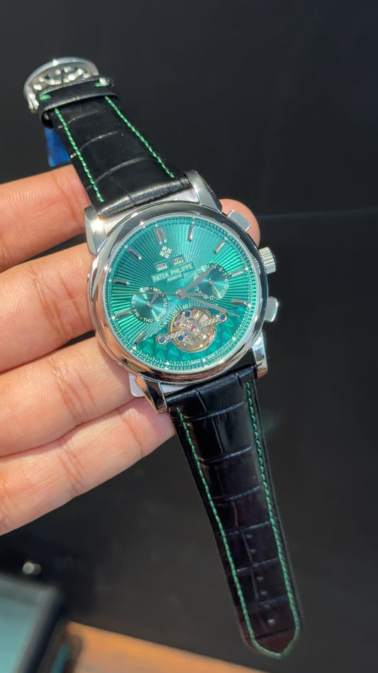 Patek Century | Auto | Pendulum | Silver Case | Green Lines Dial | Black Leather Strap - twentyfour
