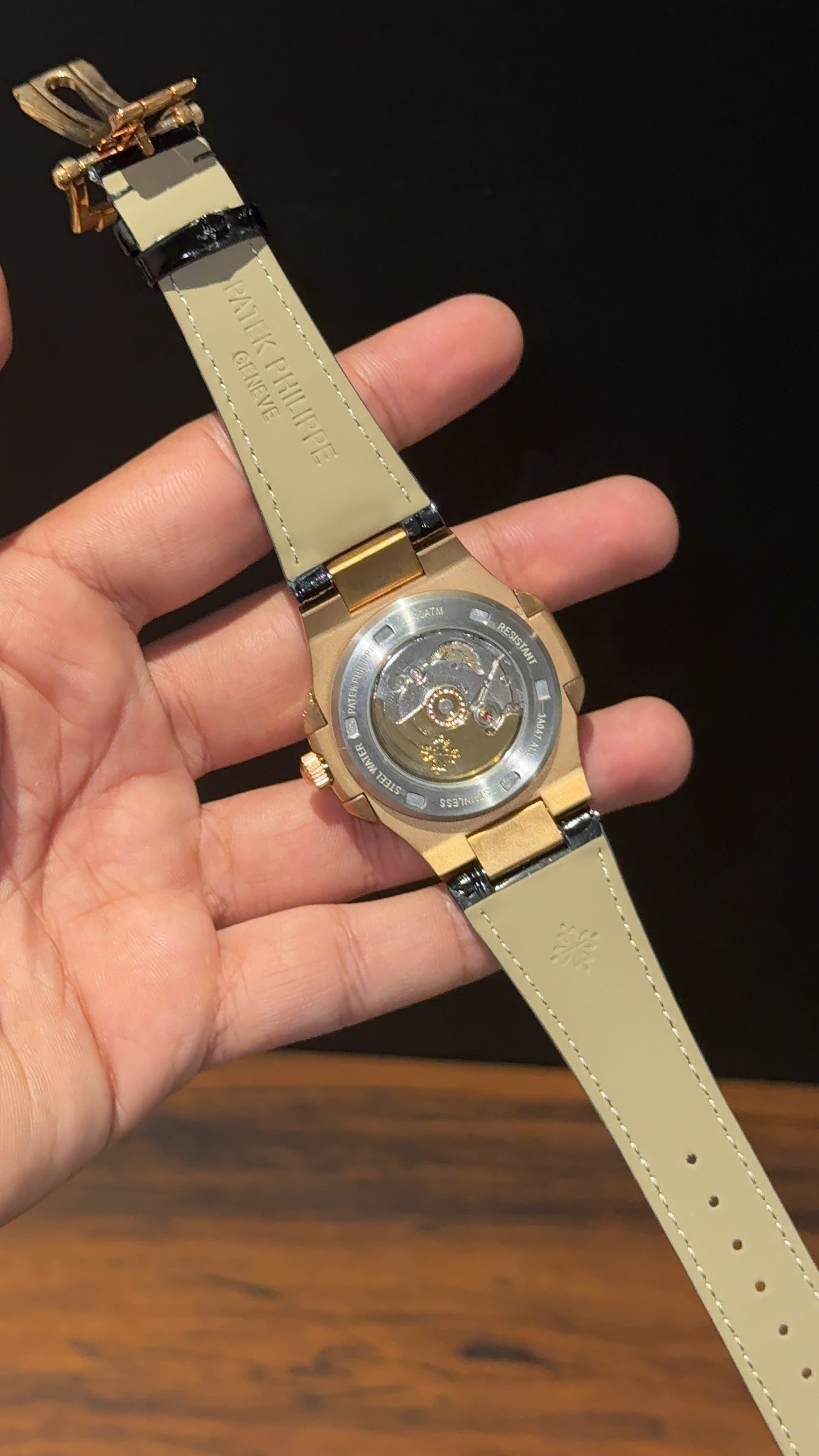 Pp Rose | Auto | Green Diamond Bezel | Black Leather Strap | Black Dial | Green Digits