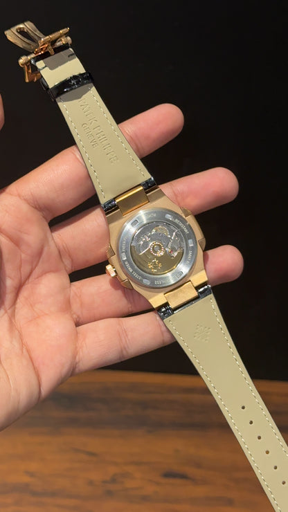 Pp Rose | Auto | Green Diamond Bezel | Black Leather Strap | Black Dial | Green Digits