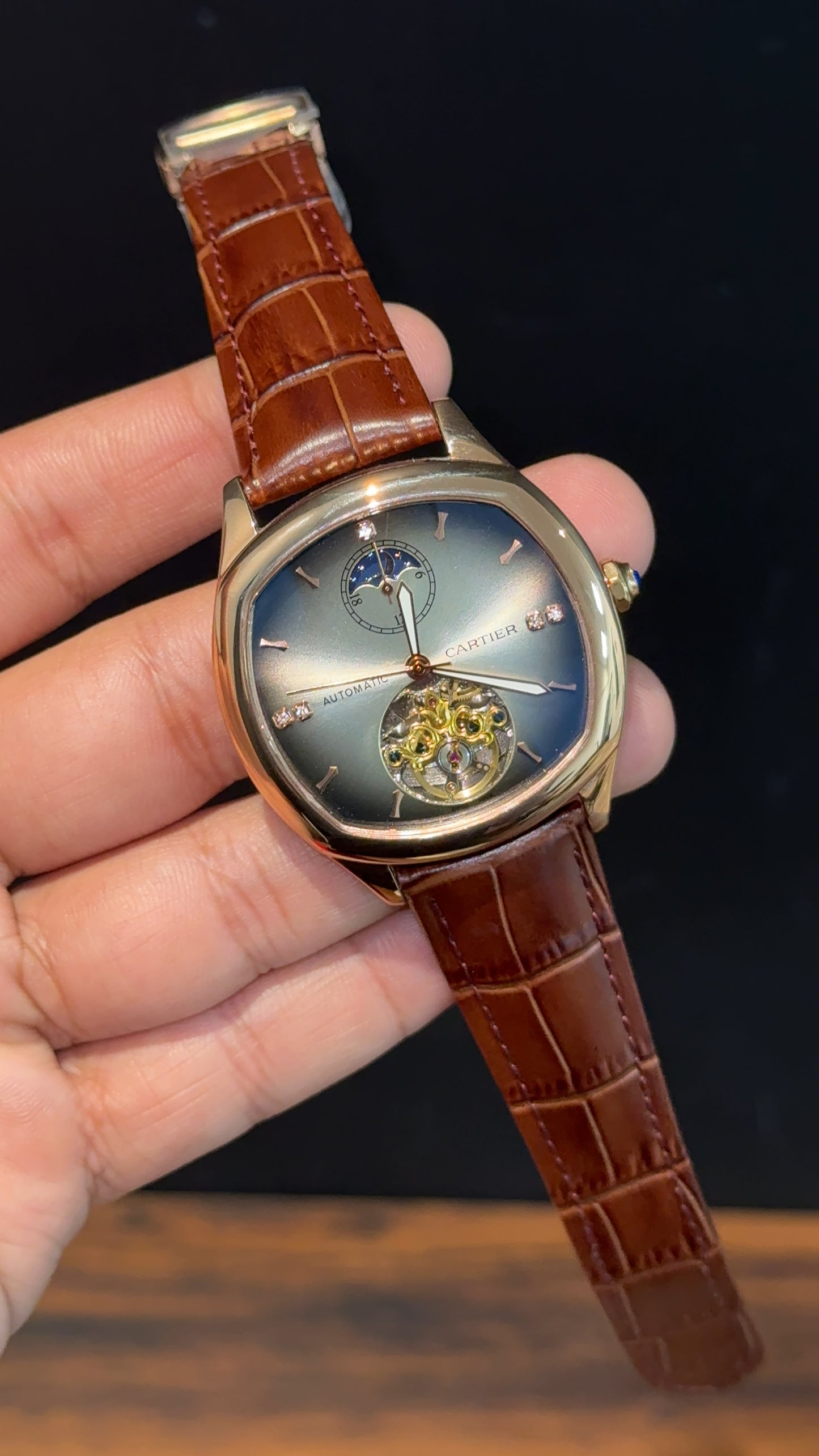 Cartier | Rose Square Bezel | Pendulum | Moonphase | Brown Strap | Shady White Blue Dial