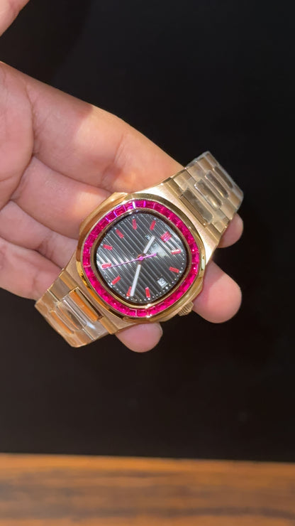Pp Auto | Rose Chain | Pink Diamond Bezel | Pink Digits | Black Dial