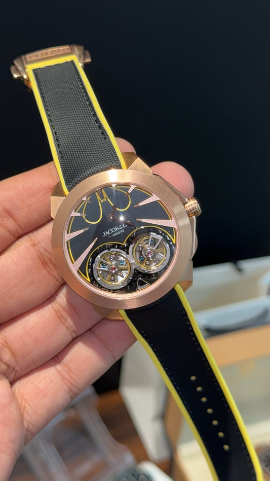 Premium Jacob and Co | Rose Bezel | Double Tourbillon | Black Strap With Yellow Accent | Gotham City Batman | Black Dial