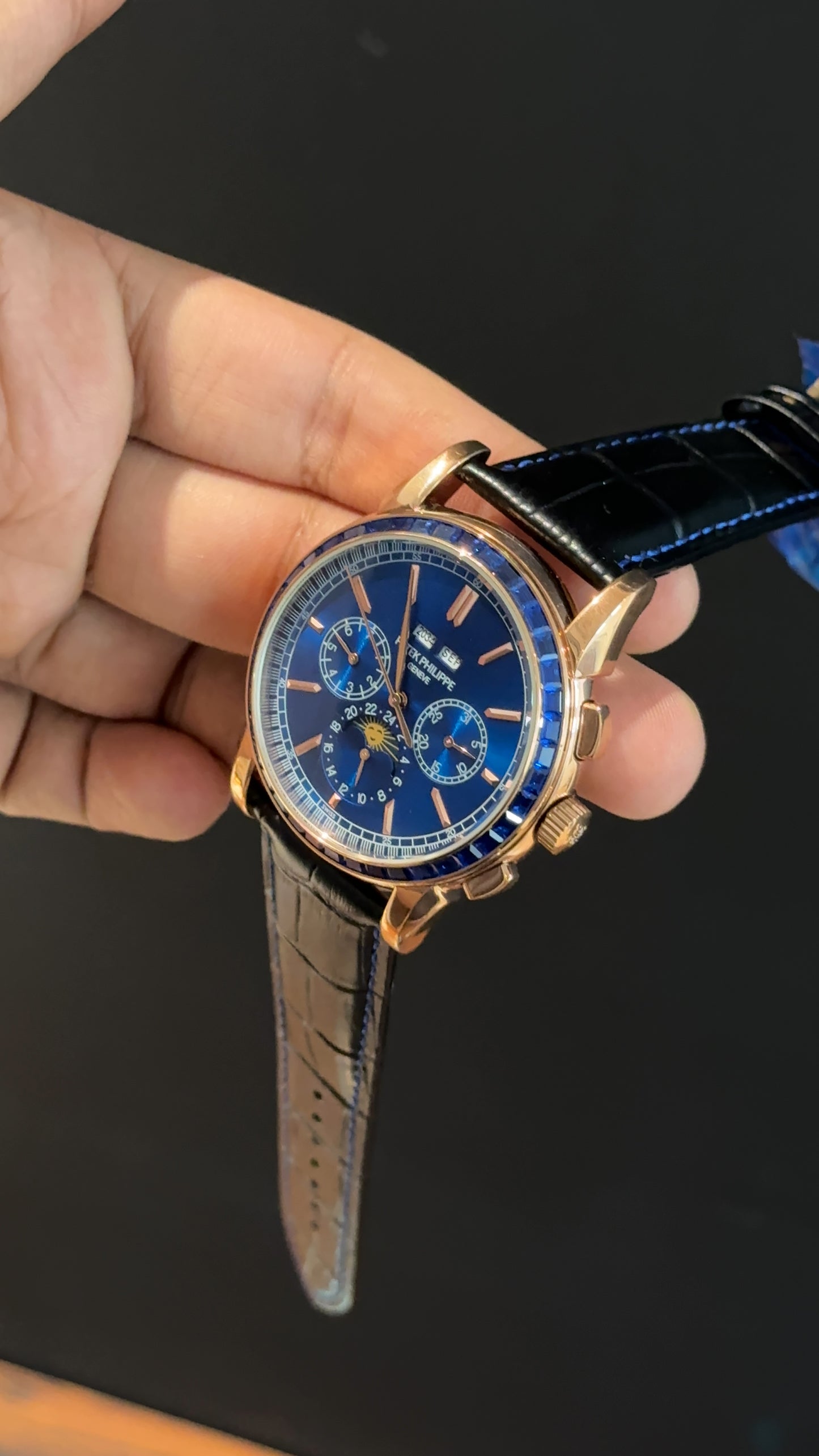 Patek Century | Auto | Rose | Blue Diamond Bezel | Black Leather Strap | Blue Index Dial