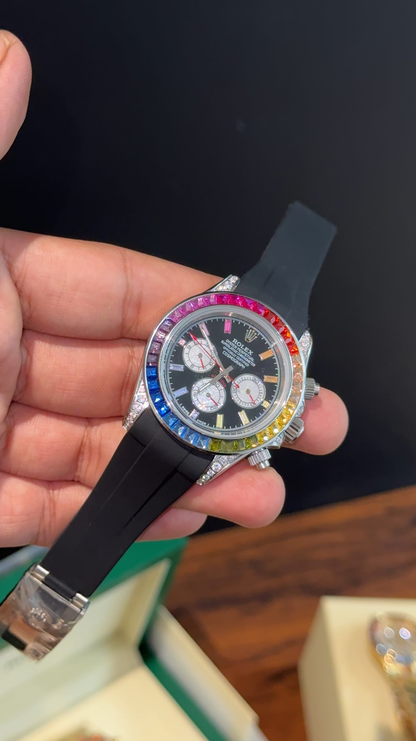 Daytona Silver | Rainbow Diamond Case | Black Pvc Strap | Rainbow Digit | Chrono | Black Dial