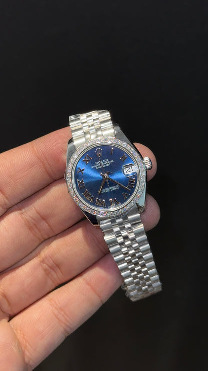 Premium DateJust | Eveline | Diamond Bezel | 30mm | Women | Silver Chain | Blue Index Dial
