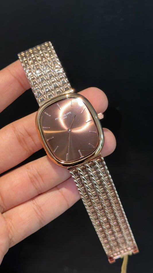 Pp Ellipse | Rose Mesh Chain | Brown Ebony Dial