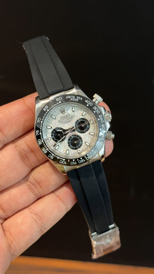 Daytona | Silver | Pvc Strap | Black Chrono | White Textured Dial