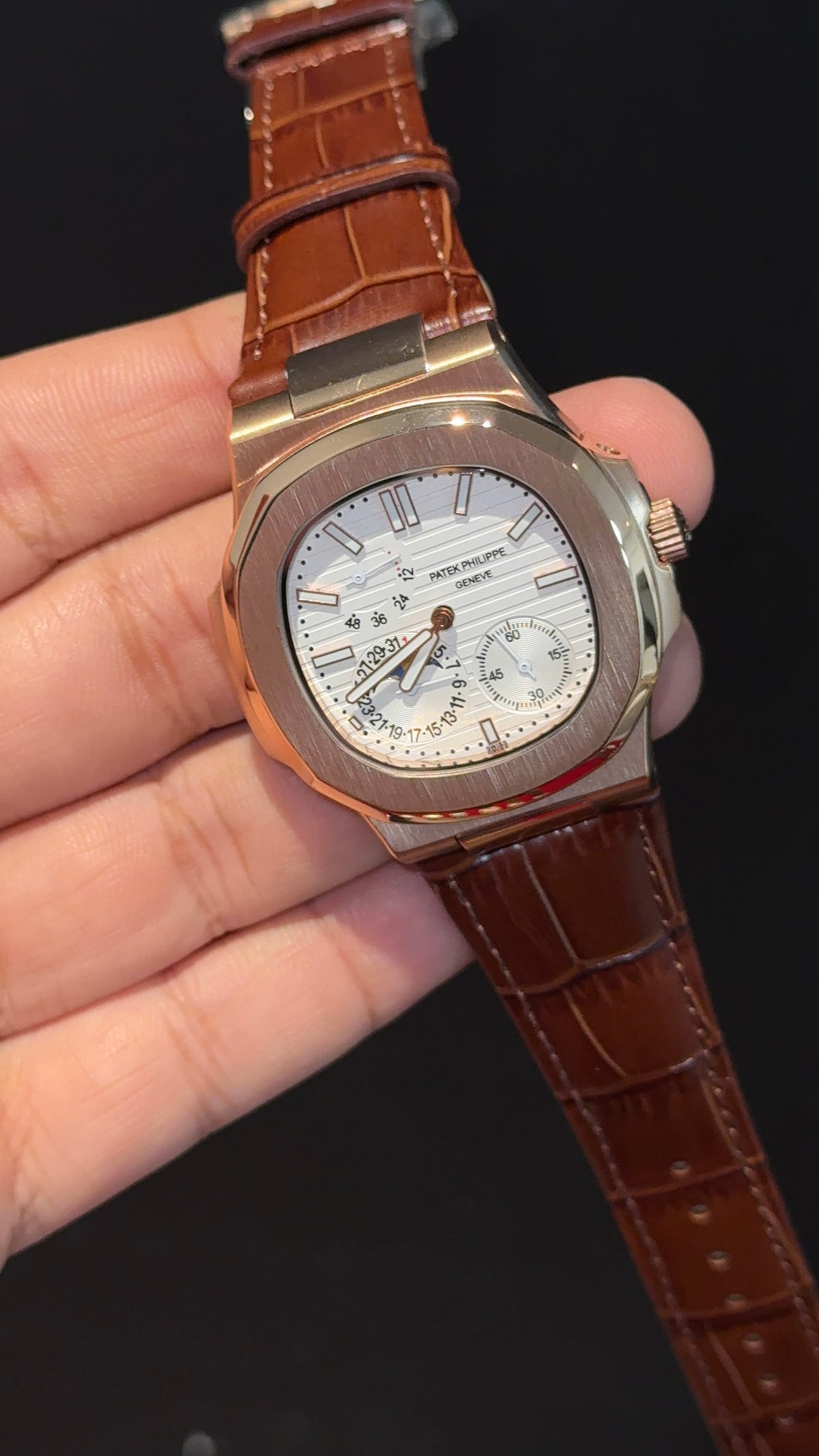 Pp Auto | Rose Case | Brown Strap | Moonphase | Sub White Dial