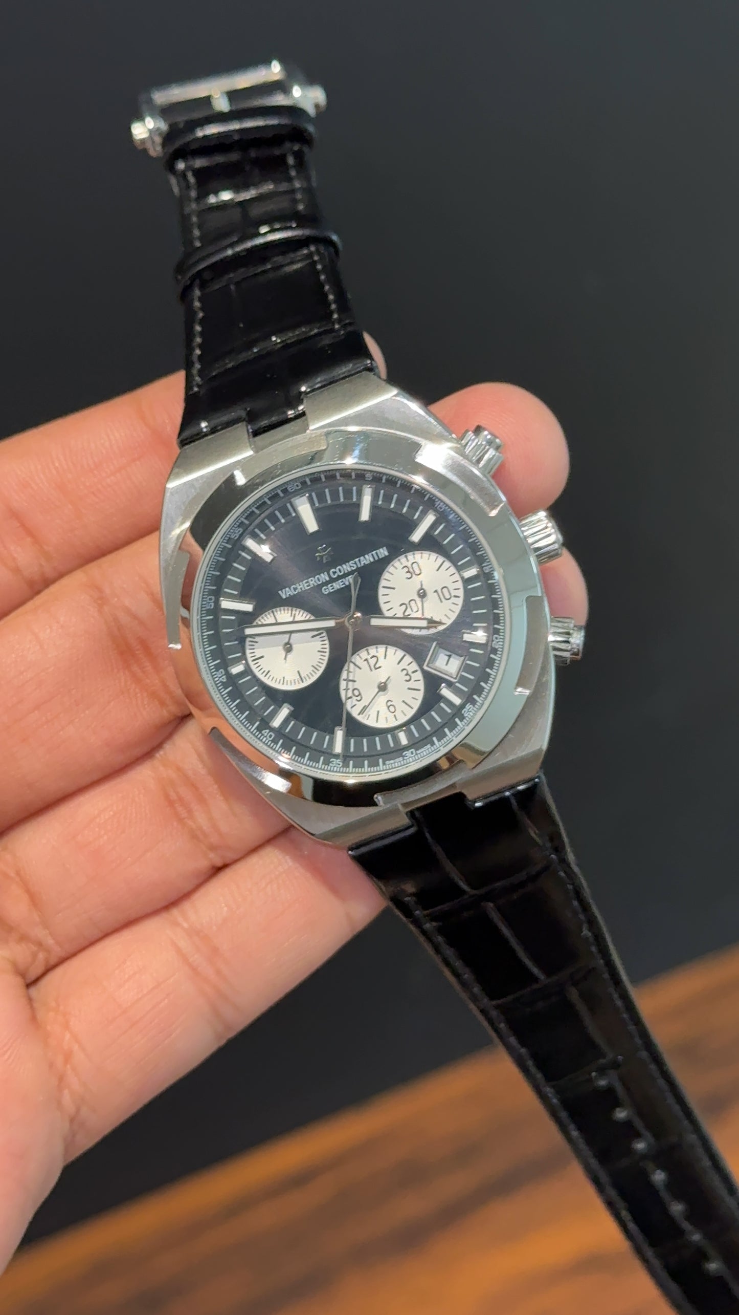 Vacheron Constantin | Black Leather Strap | White Chrono | Black Dial