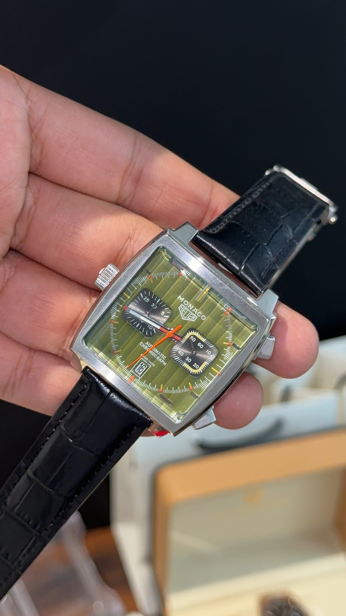 Tag Monaco | Back Leather Strap | Black Chrono | Olive Green Dial