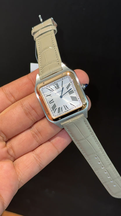 Cartier Santos | Rose Two Tone Case | Light Grey Dumont Strap | White Dial