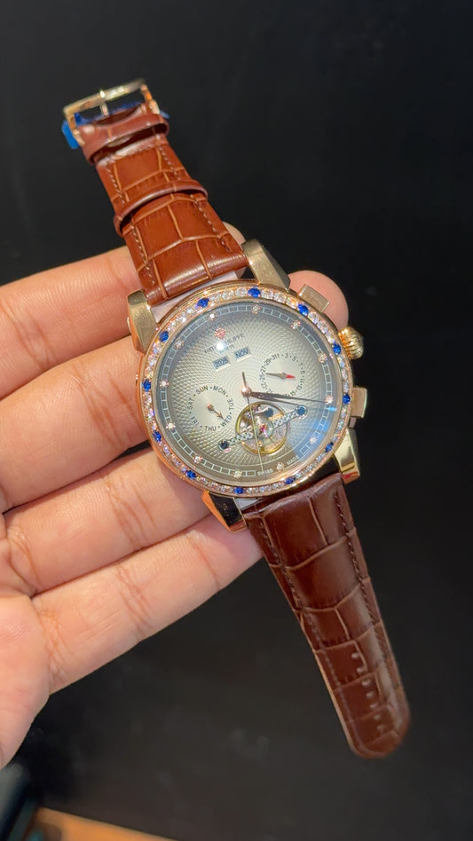Patek Century | Auto | Rose Diamond Case | Pendulum | Gradient Grey Dial | Brown Leather Strap - twentyfour