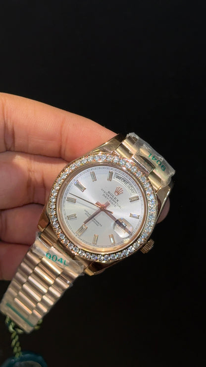 DayDate | Diamond Bezel | Rose Chain | Silver Pearl Dial