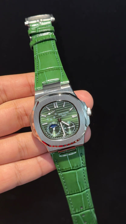 Pp Auto | Silver Case | Green Strap | Moonphase | Sub Green Dial