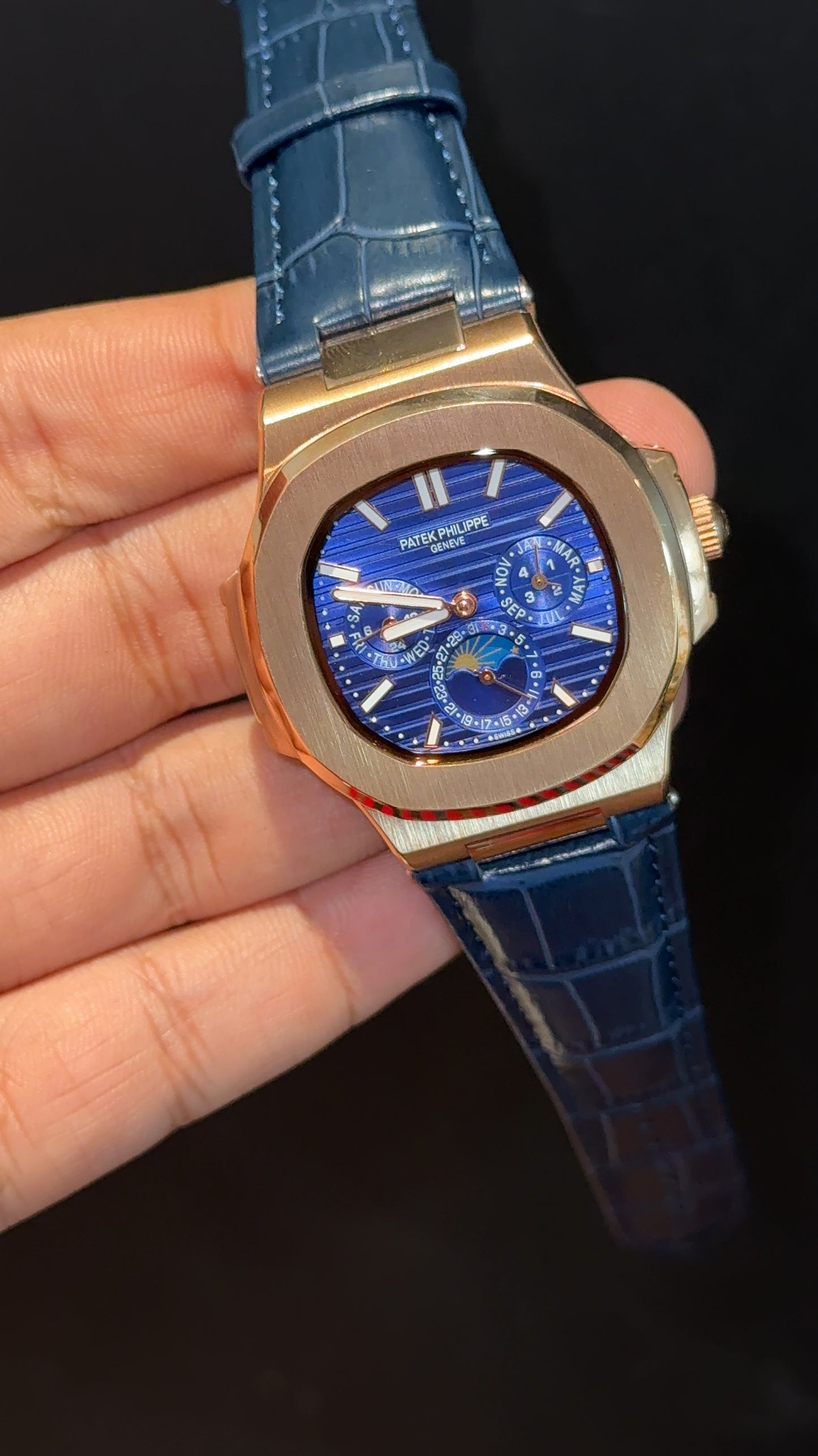 Pp Auto | Moonphase | Chrono | Rose Case | Blue Leather Strap | Purplish Dial
