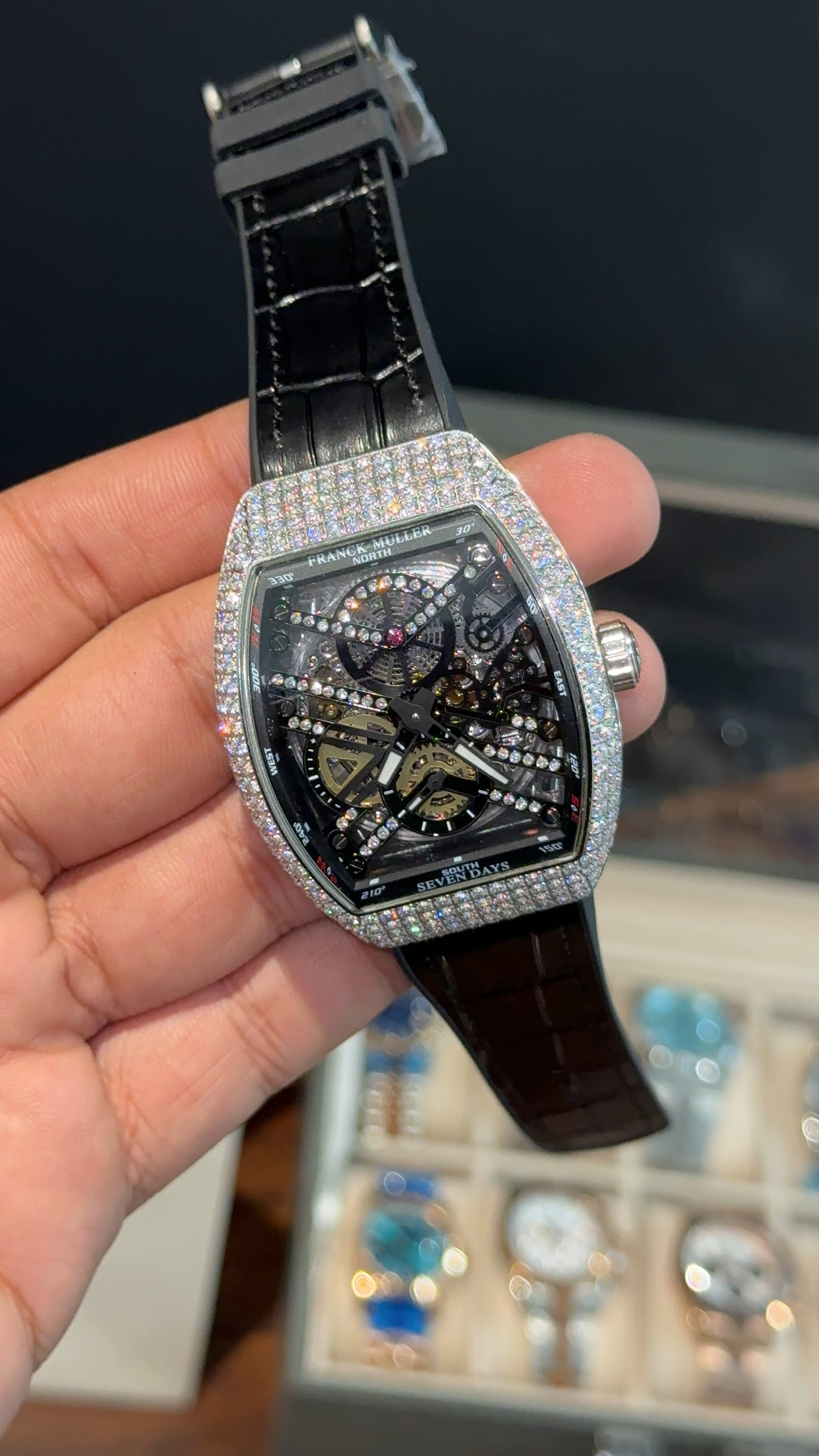 Premium Franck Muller | Curvex Skeleton | Silver Pearl Case | Black Leather Strap | Black Dial