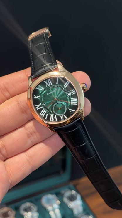 Cartier Rose | Black Leather Strap | FlyBack Second | Green Roman Dial