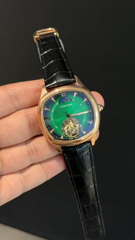 Cartier | Rose Square Bezel | Pendulum | Moonphase | Black Strap | Shady Green Dial