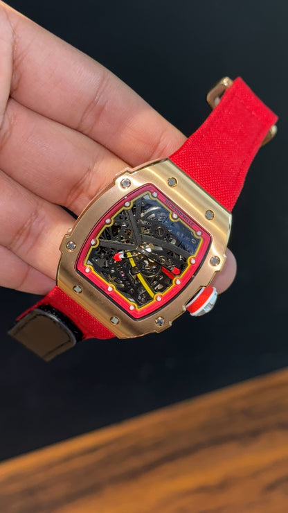 Premium Richard Mille | RM 67-02 Series | Rose Case | Skeleton | Red Strap | Black Dial