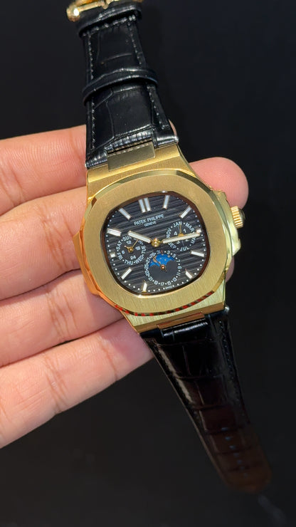 Pp Auto | Moonphase | Chrono | Gold Case | Black Leather Strap | Black Dial