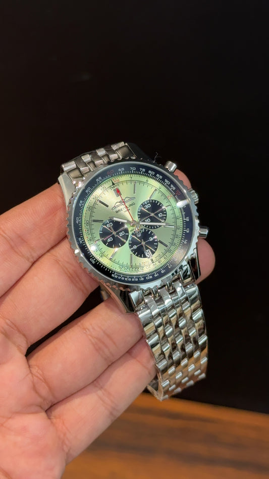 Brietling | Silver Jubilee Chain | Black Chrono | Olive Green Dial