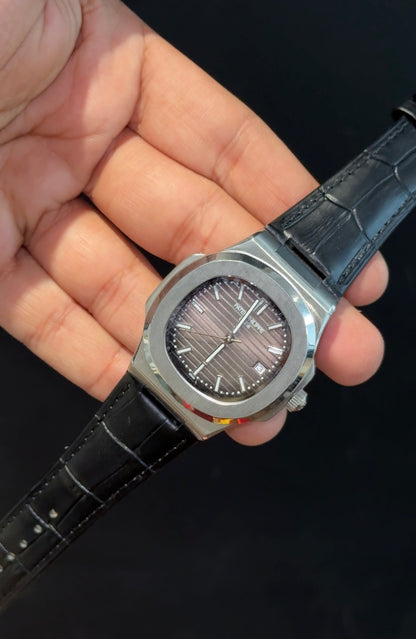 Pp Auto | Black Leather Strap | Silver Case | Grey Dial