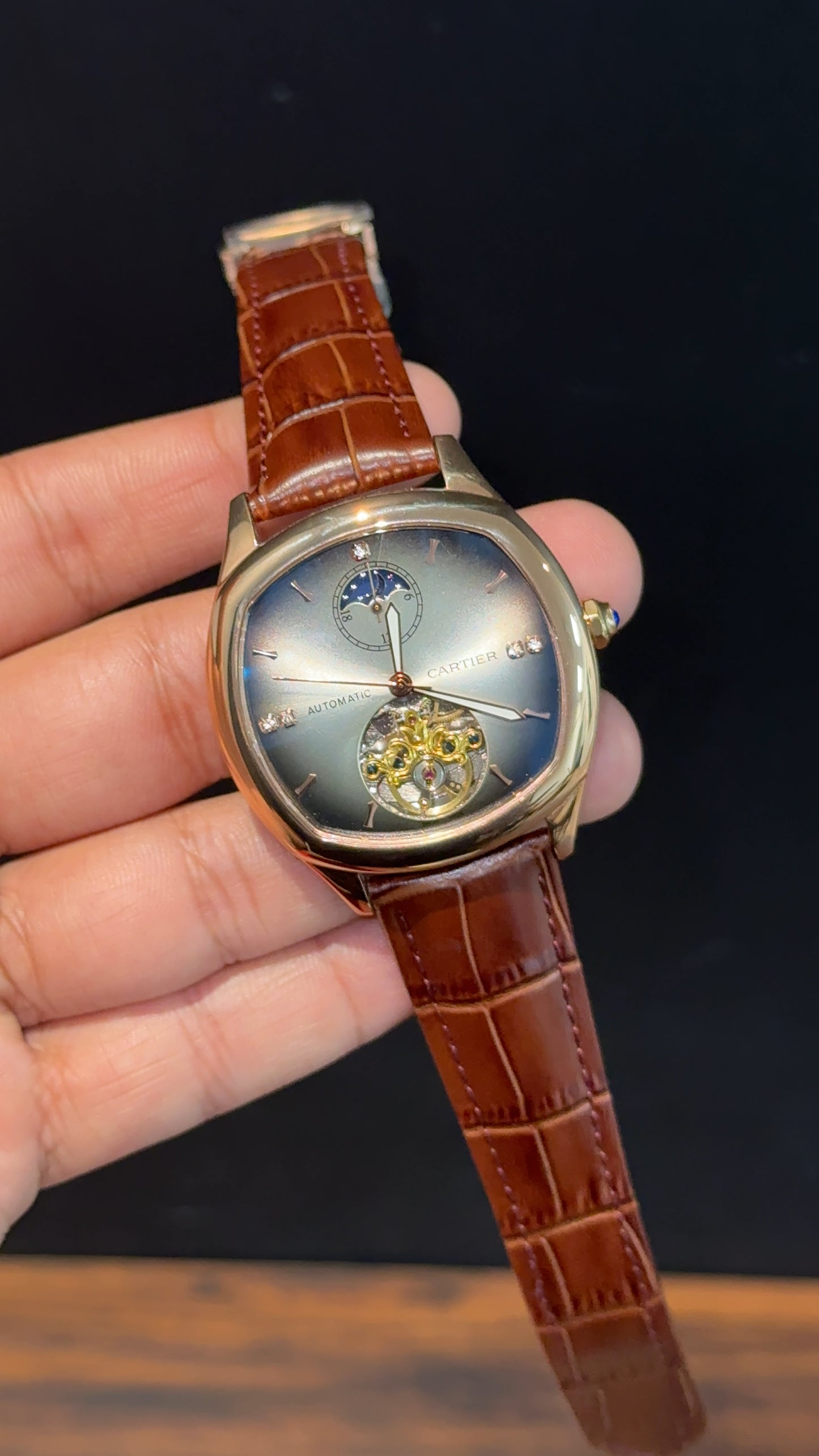 Cartier | Rose Square Bezel | Pendulum | Moonphase | Brown Strap | Shady White Blue Dial