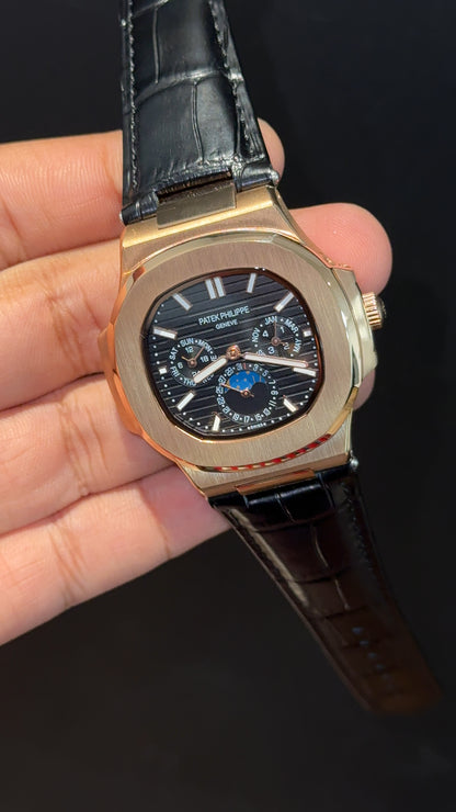 Pp Auto | Moonphase | Chrono | Rose Case | Black Leather Strap | Black Dial