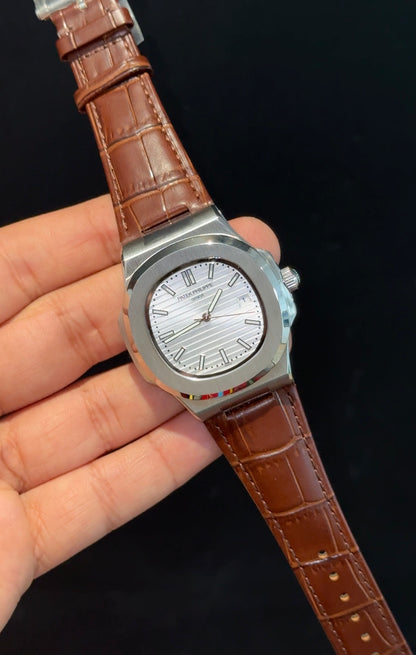 Pp Auto | Brown Leather Strap | Silver Case | White Dial