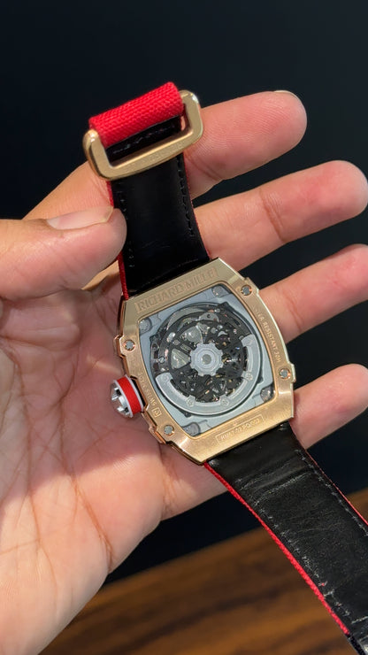 Premium Richard Mille | RM 67-02 Series | Rose Case | Skeleton | Red Strap | Black Dial