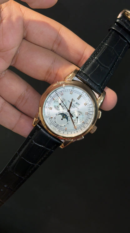Patek Century | Auto | Rose Case | Moonphase | White Diamond Dial | Black Leather Strap - twentyfour