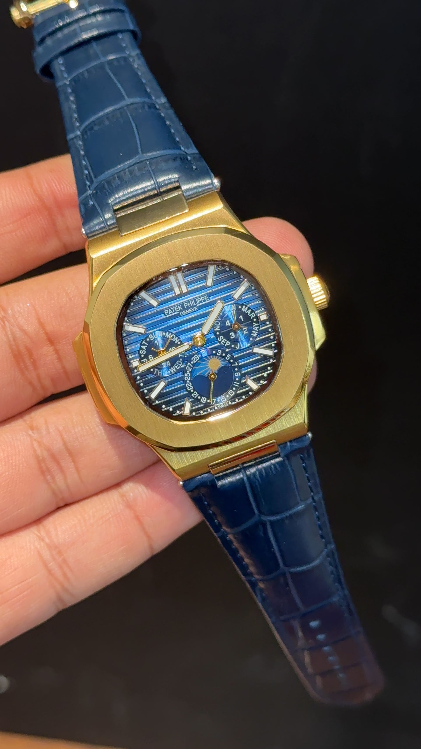 Pp Auto | Moonphase | Chrono | Gold Case | Blue Leather Strap | Blue Dial