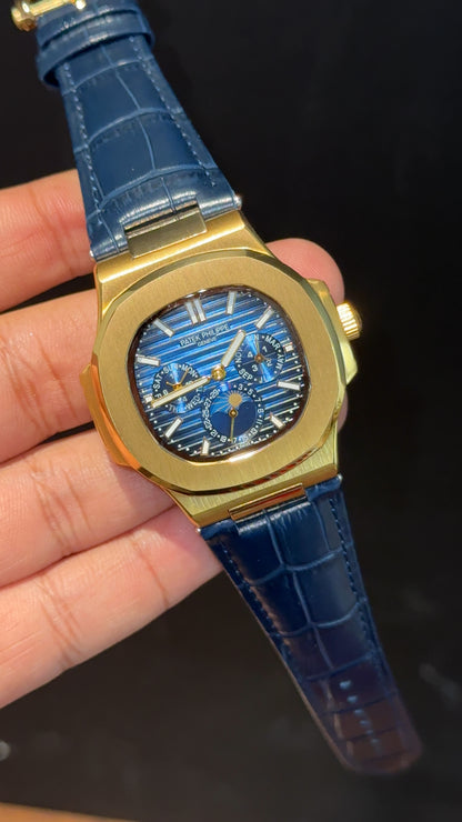 Pp Auto | Moonphase | Chrono | Gold Case | Blue Leather Strap | Blue Dial