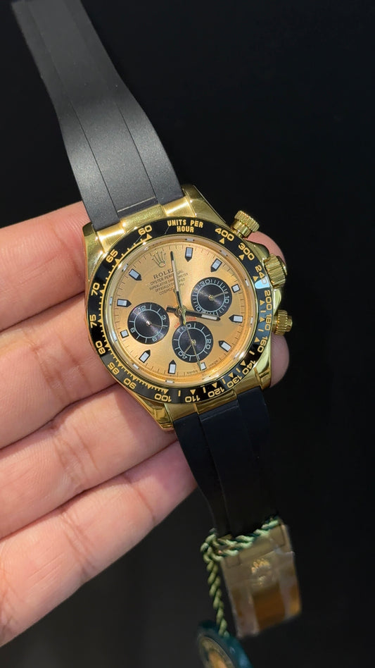 Daytona | Gold | Black Pvc Strap | Black Chrono | Gold Dial