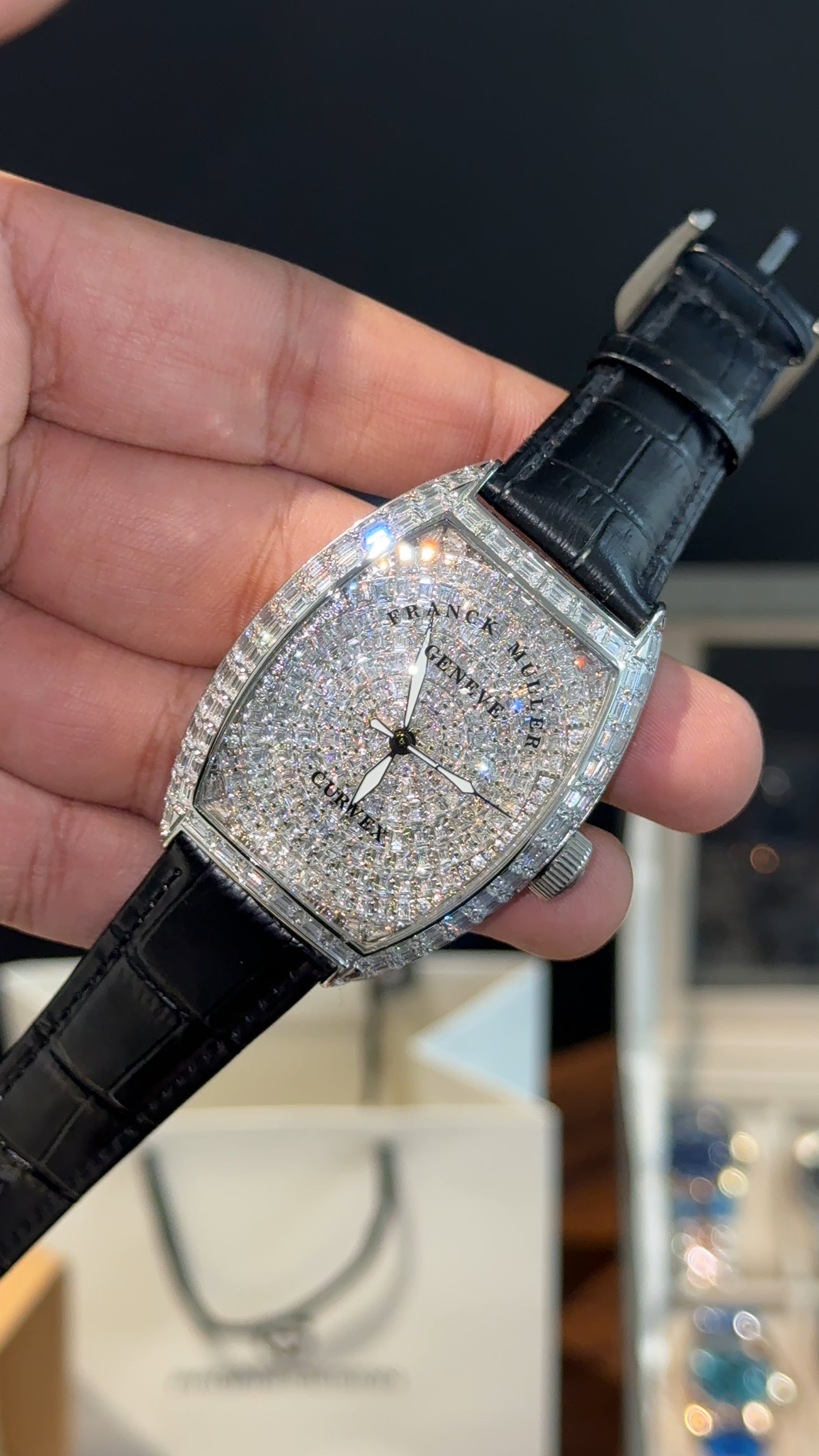 Premium Franck Muller | Mother Of Pearl | Black Leather Strap | Silver Pearl Dial