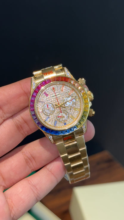 Daytona | Rainbow Diamond Case | Gold Chain | Rainbow Digit |Chrono | Gold Pearl Dial