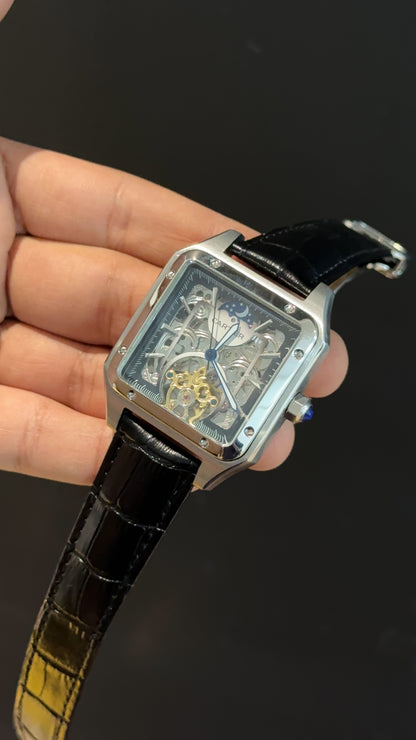 Cartier | Silver | Skeleton | Square Shape Case | Moonphase | Black Leather Strap | Grey Dial