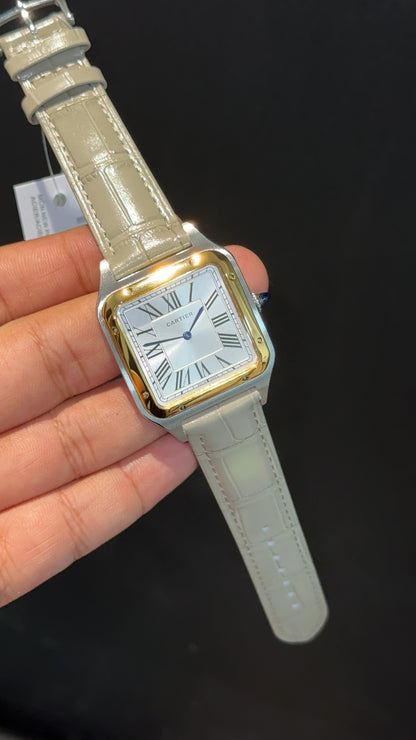 Cartier Santos | Gold Two Tone Case | Grey Dumont Strap | White Dial