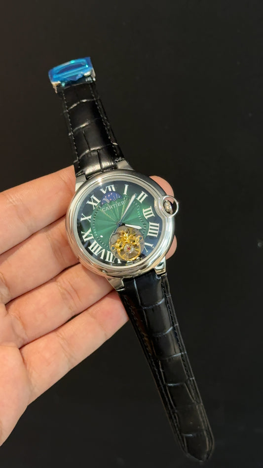 Cartier | Silver Oval Bezel | Pendulum | Black  Strap | Greenish Index Dial